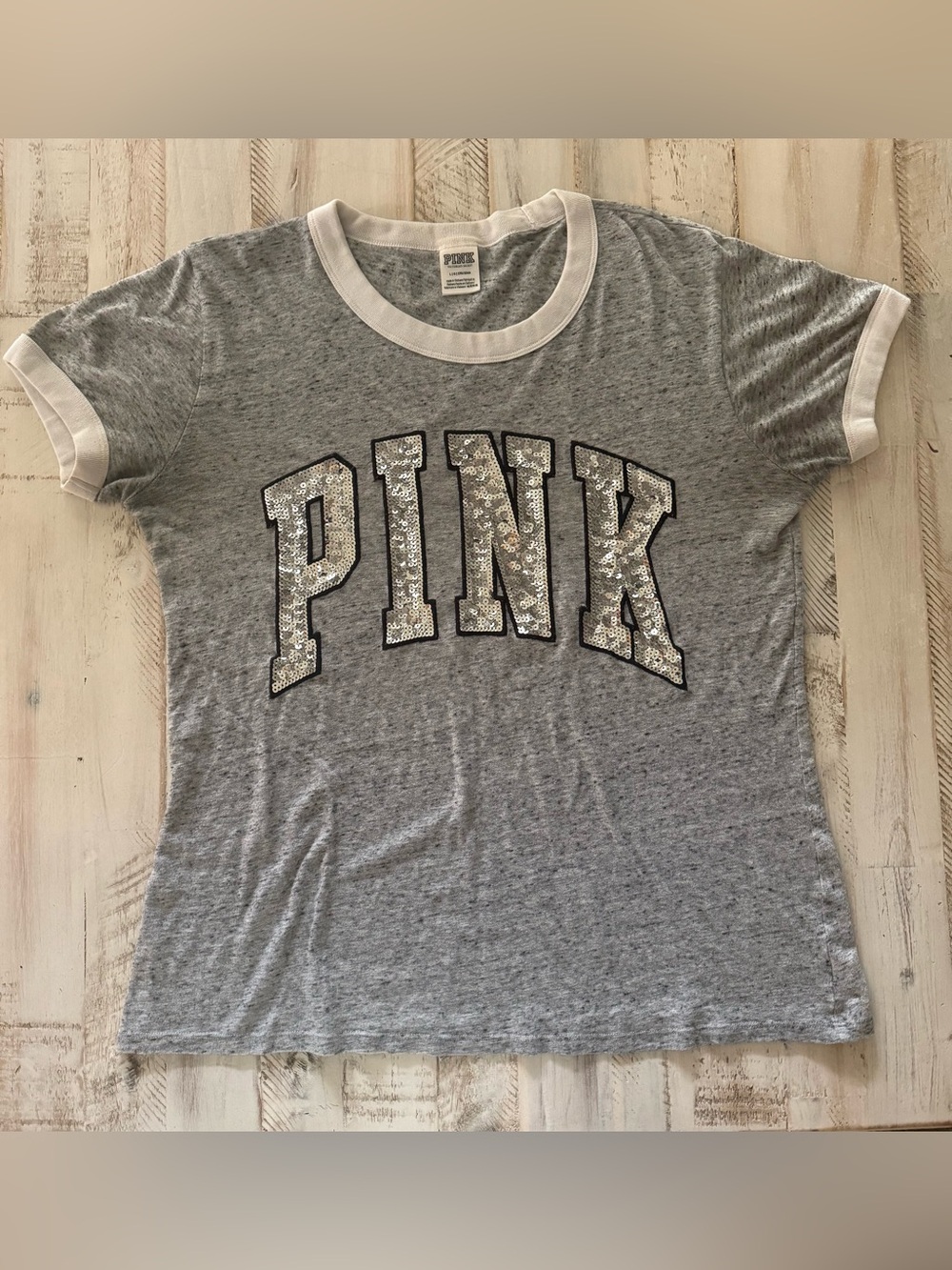 PINK Victoria's Secret Heather Gray Ringer Tee with White Trim